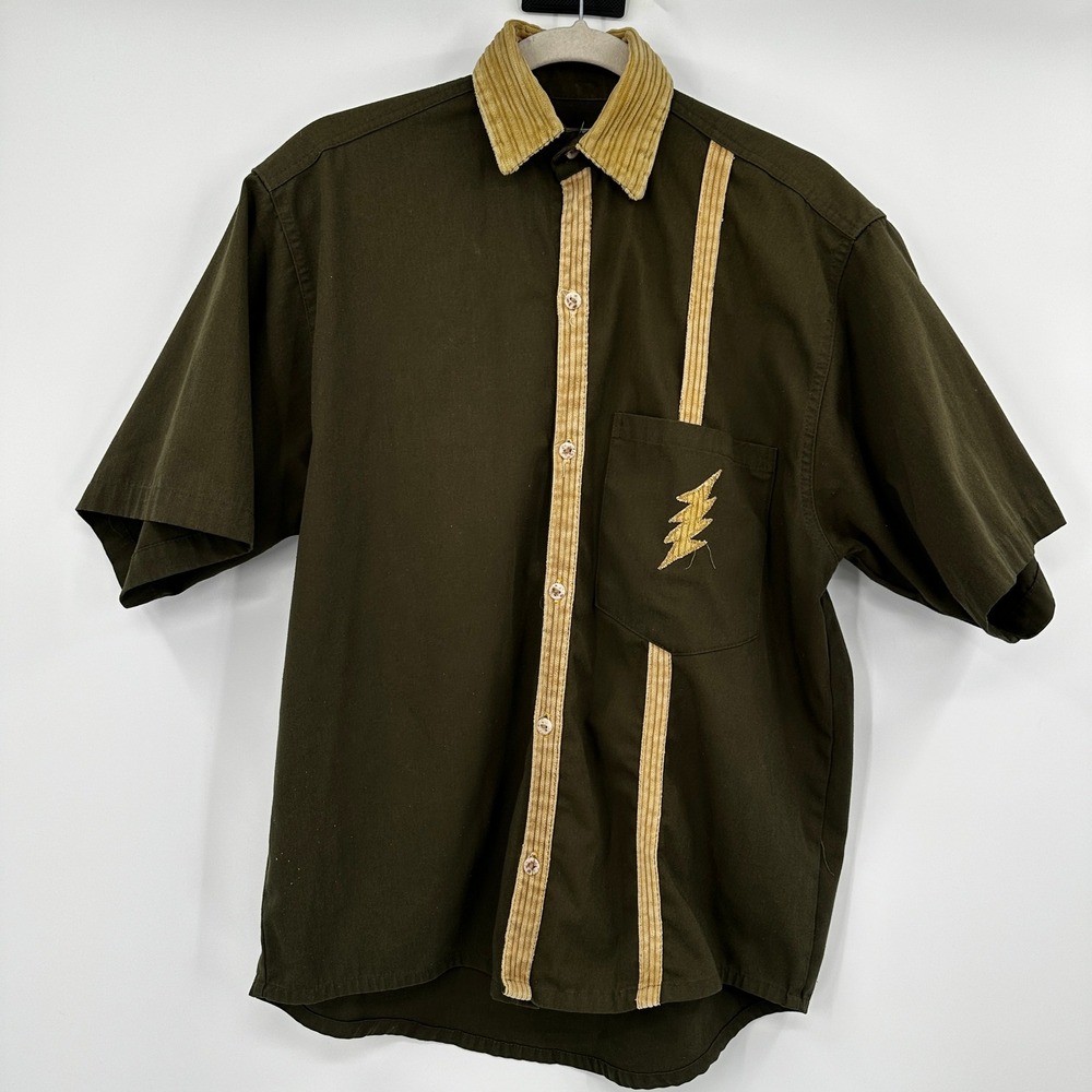 Olive Green Casual Button Down Shirt with Tan Accents
